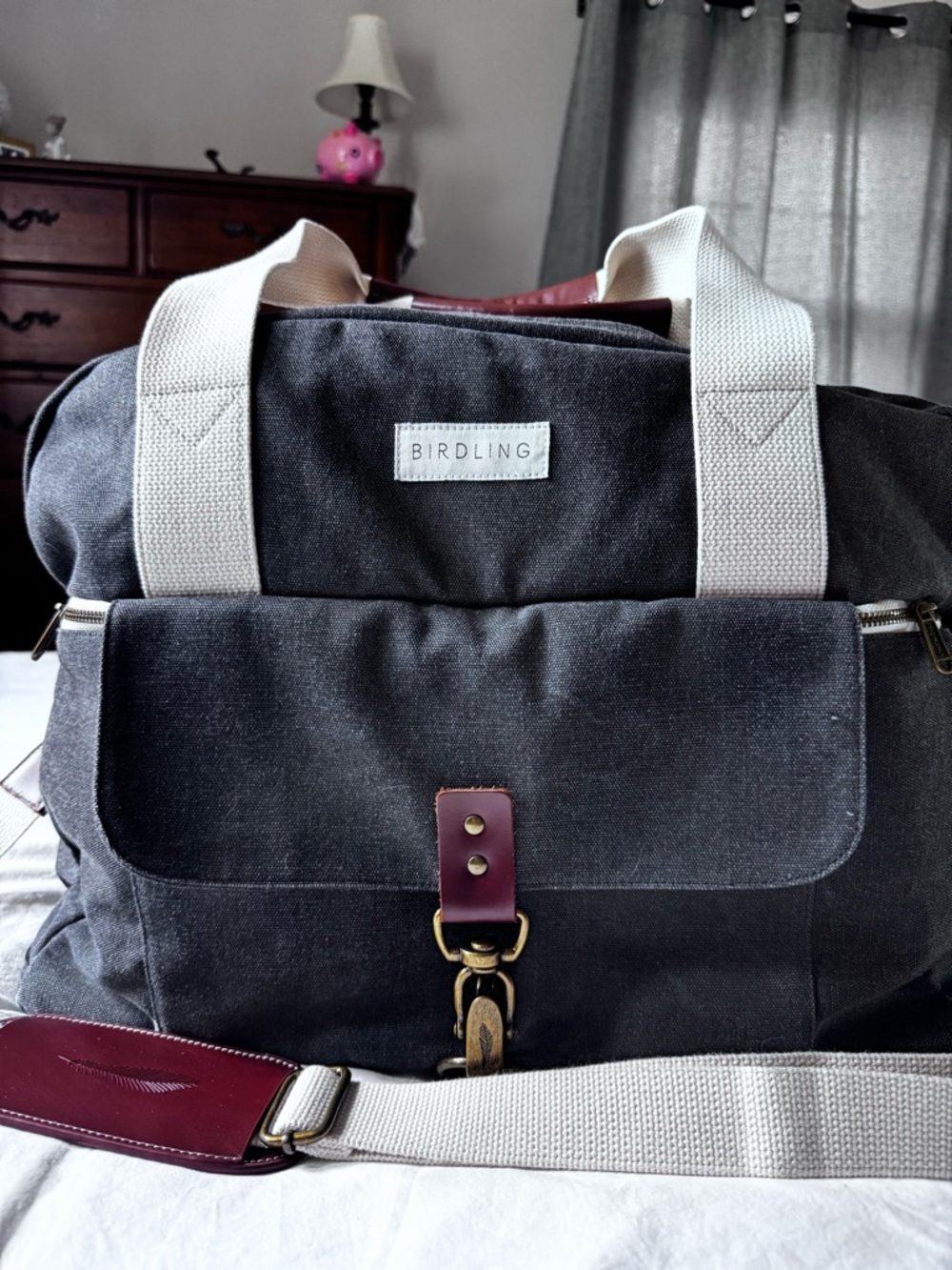 Birdling Charcoal Canvas Duffel with Cream Straps